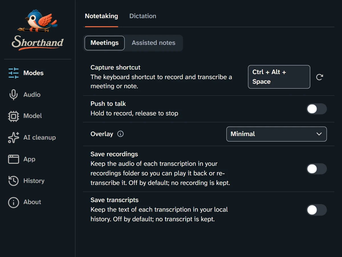 Shorthand desktop app settings, dark theme