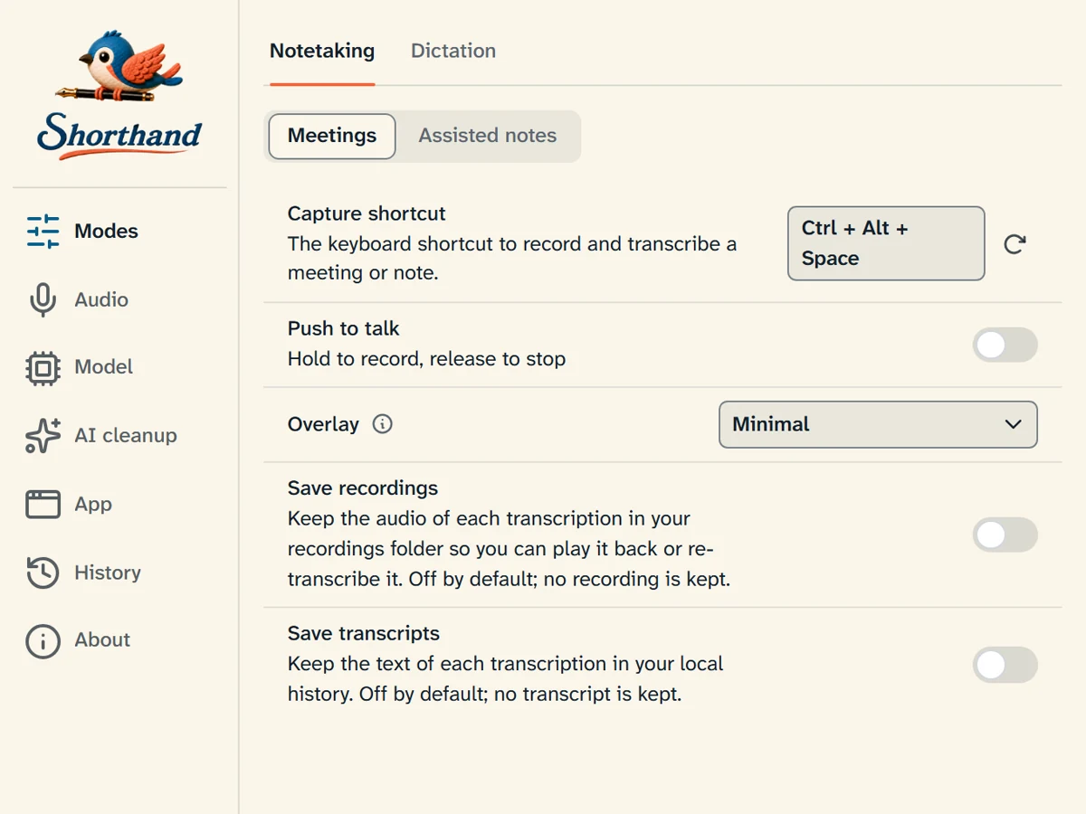 Shorthand desktop app settings
