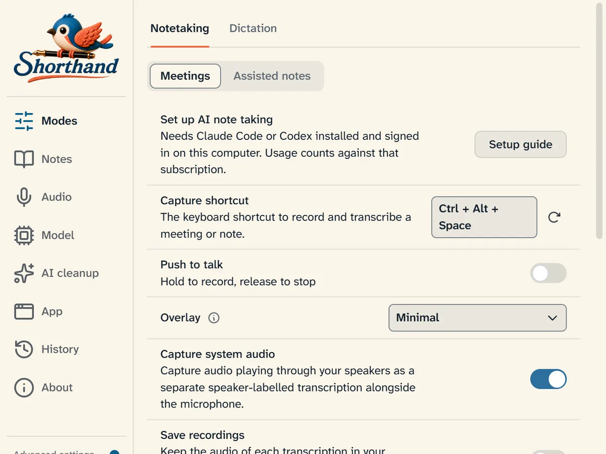 Shorthand desktop app settings, showing the Notetaking modes